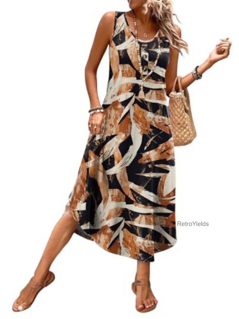 Womens Summer Midi Dress Sleeveless Button Front Casual Beach Sundress with